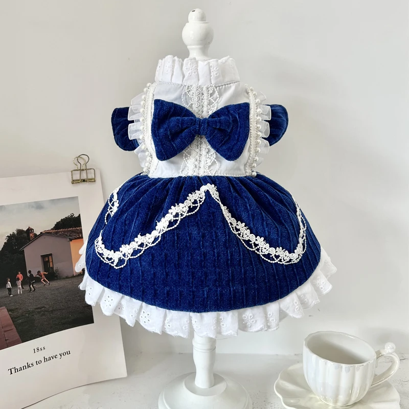 

Осенне-зимняя хлопковая одежда ручной работы для домашних животных Одежда для собак в стиле ретро синие теплые бархатные платья принцессы ...