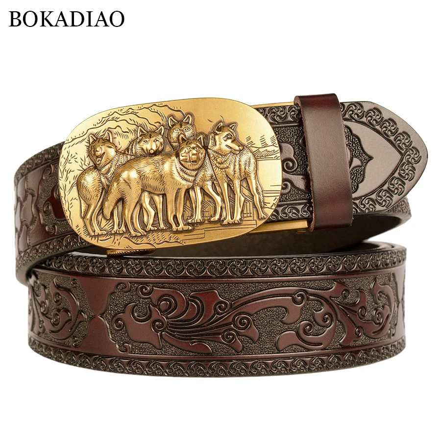 BOKADIAO New Men Genuine Leather Belt Luxury Gold Wolves Metal Automatic Buckle Cowhide Belts for Men Jeans Waistband Male Strap