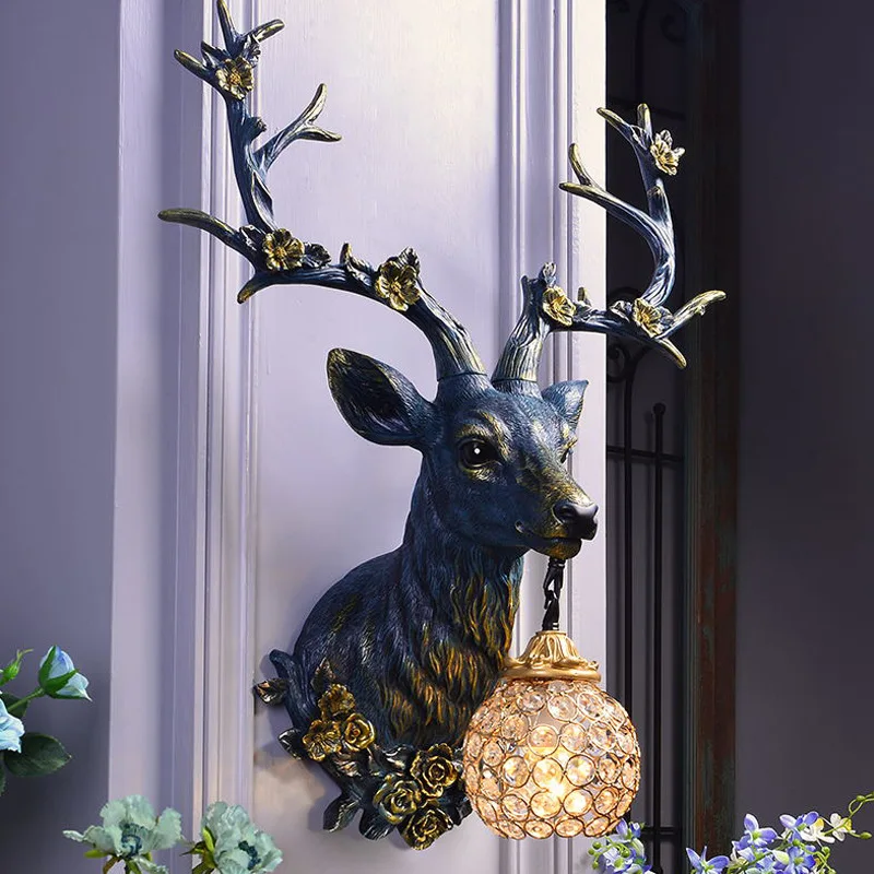 

American Lucky Deer Head Wall Lamp Retro Resin Deer Horn Wall Lights Living Room TV Wall Creative Porch Restaurant Decor Lamp