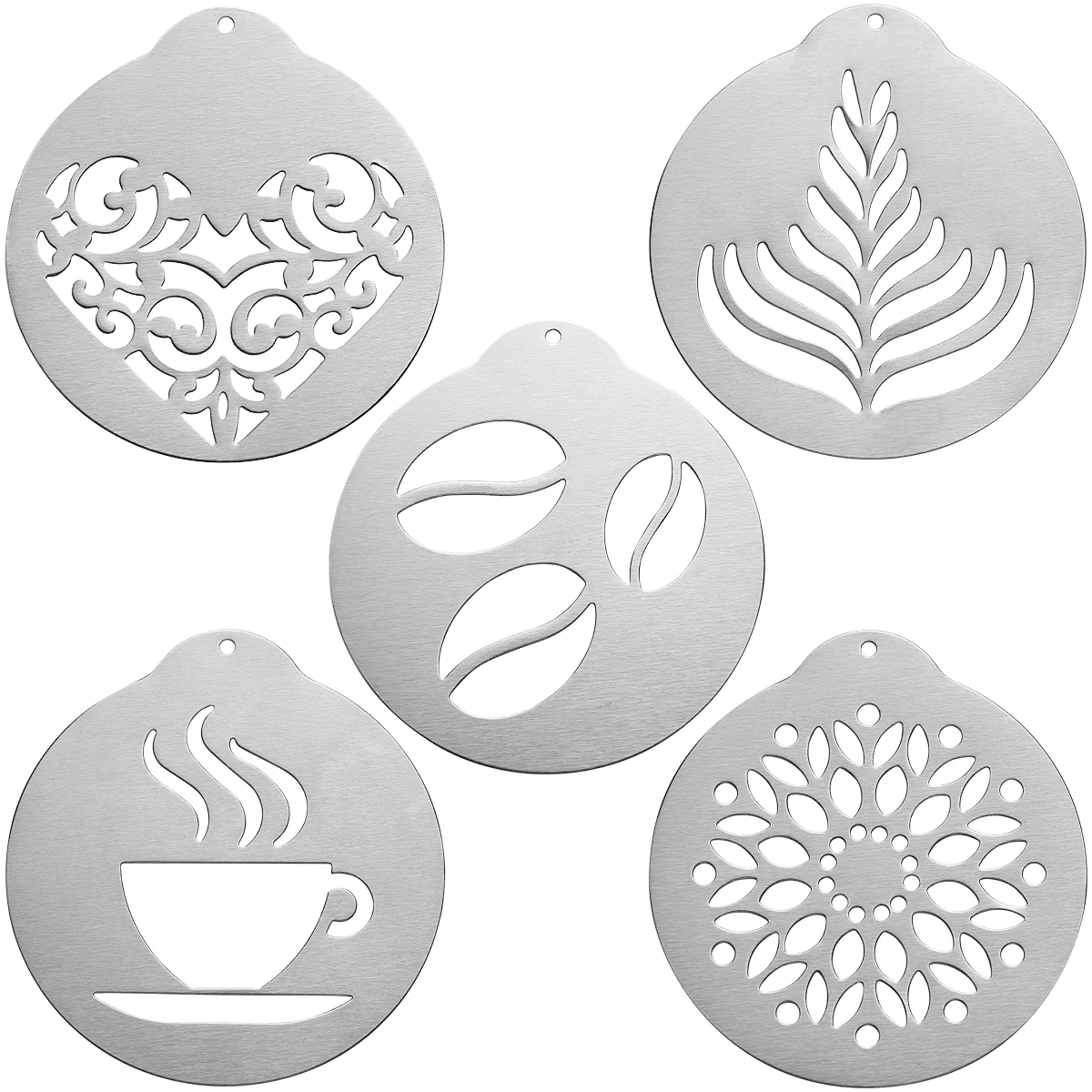 

Coffee Stencils Stainless Steel Printing Barista Cappuccino Garland Mould Cake DIY Decorating Tool for Kitchen and Store, 5PCS