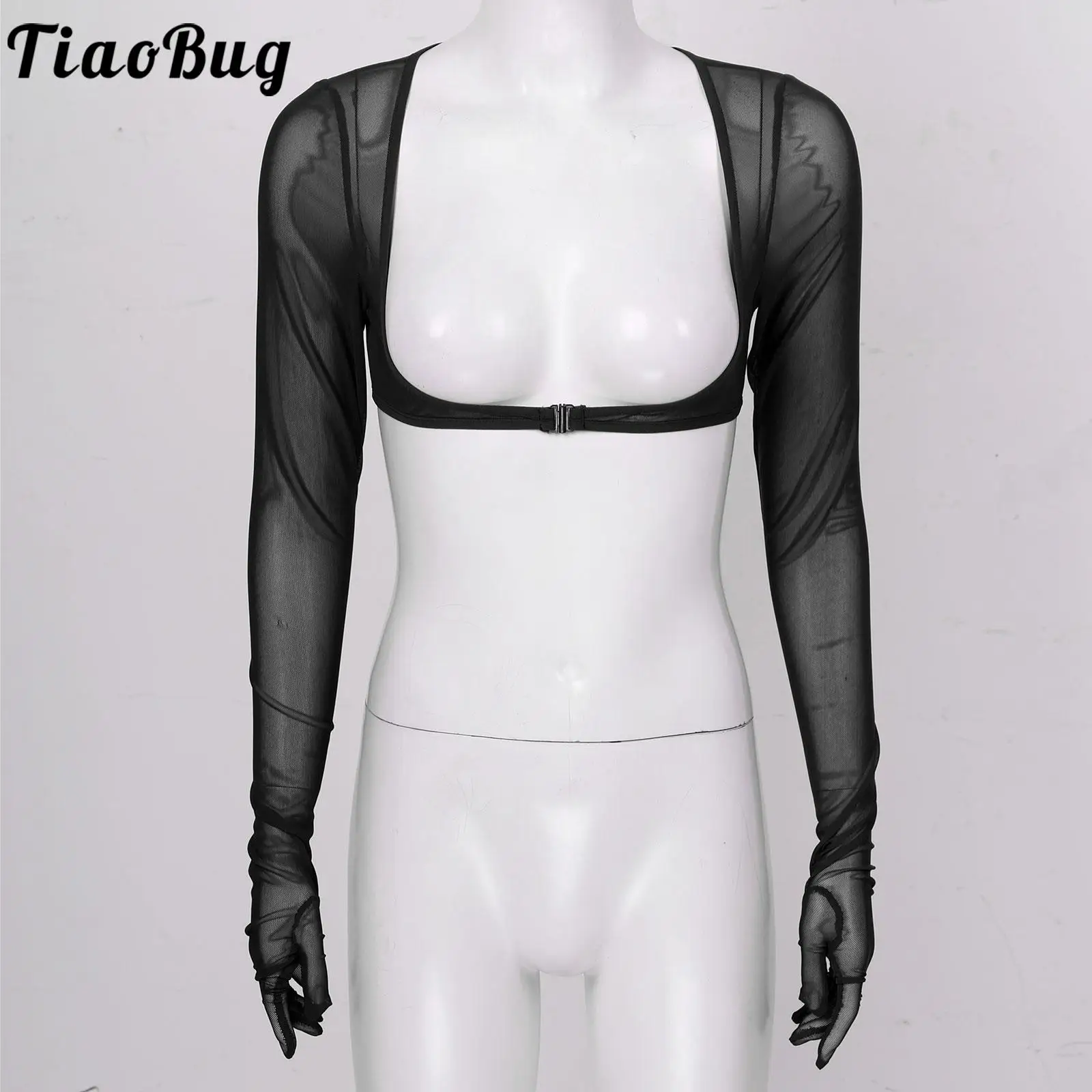 

Tiaobug Women Solid Color See-through Mesh Sexy Tops with Gloves Sun Protection Long Sleeve Open Front Buckle Crop Top Clubwears
