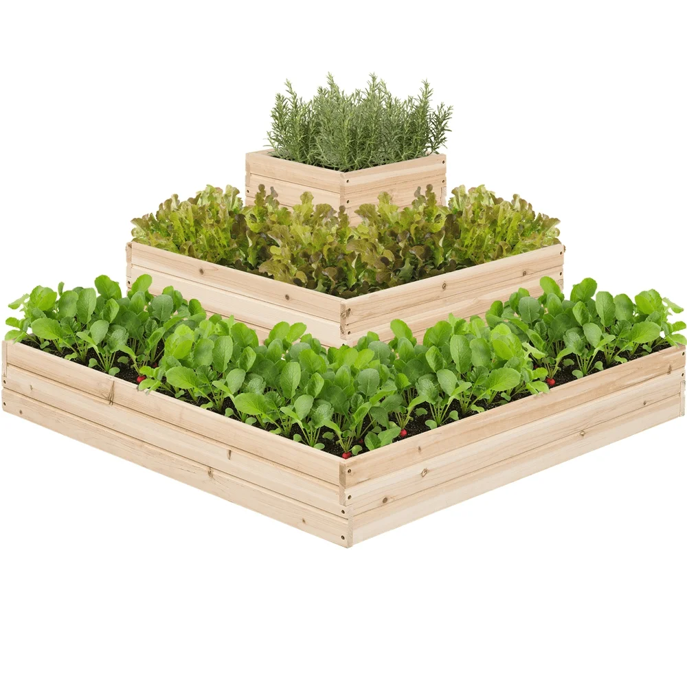 Modern 3-Tier Fir Wood Raised Garden Bed Elevated Flowers Herbs, Wood