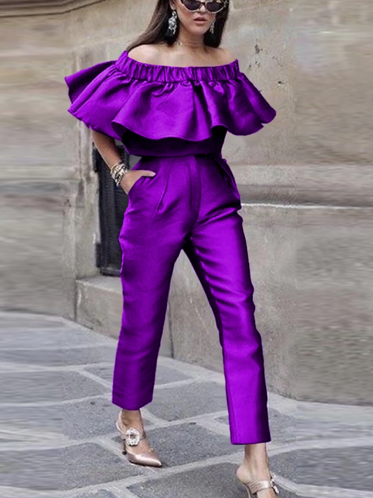 Purple Two Piece Set Women Off Shoulder Crop Tops with High Waist Pants for Ladeis Office Work Daily Evening Party Pants Sets