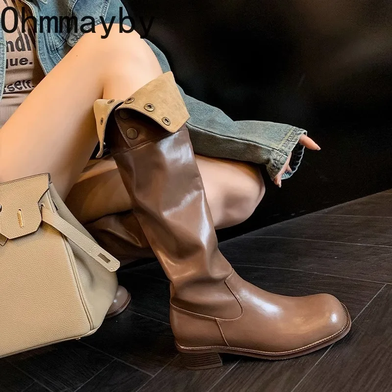 

Retro Women High Boots Fashion Slip On Long Botas Ladies Elegant Square Mid Heel Shoes Winter Women's Knight Bootties