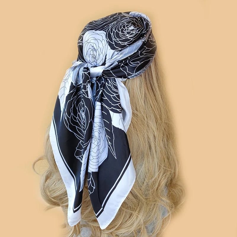 

Luxury Brand Silk Satin Square Scarf Women Hijab Bandana Muslim Headscarves Shawl Wrap Ladies Headband Neckerchief Foulard 90cm