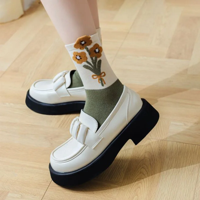 5 Pair Korean Streetwear Winter Socks Women Thick Long Wool Keep Warm Socks Kawaii Print Leg Warmers Fashion Flower Cute Socken