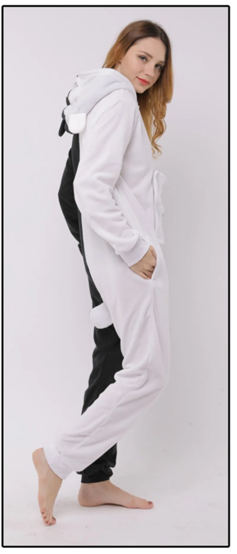 Unisex Winter Cartoon Animal One-Piece Jumpsuit With Pockets Polyester Warm  Loose White And Black Cosplay Pajamas With A Hat