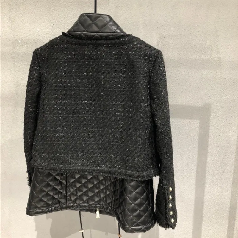 Jackets for Women Autumn 2022 Brand Loose Tweed Wool Stiching Genuine Leather Jacket Double Breasted Womens Sheepskin Coat