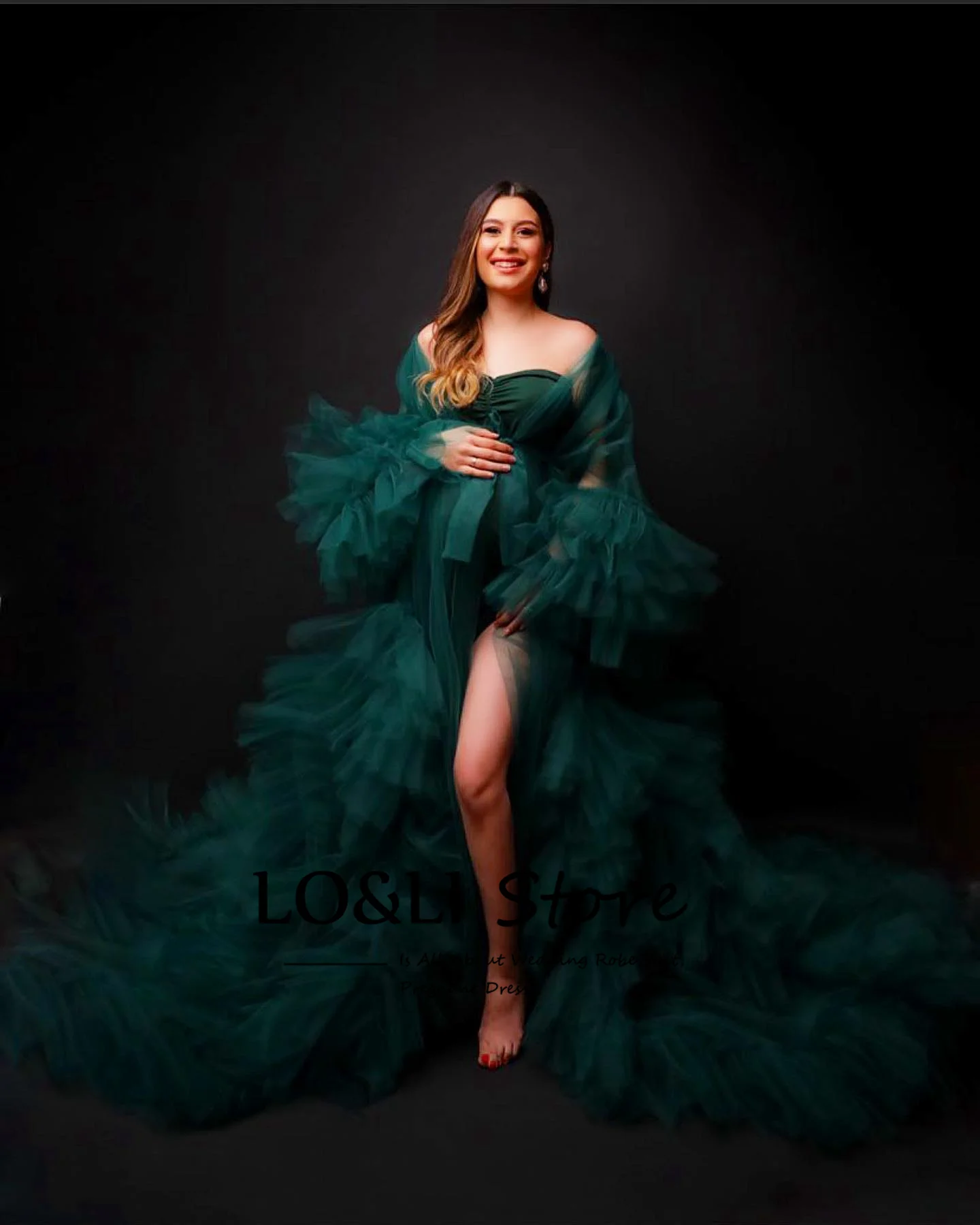

Custom Dark Green Fluffy Dress For Fregnant Women Photoshoot Floor Length Elegant Pajamas Baby Shower Party Women Dress Ruffles