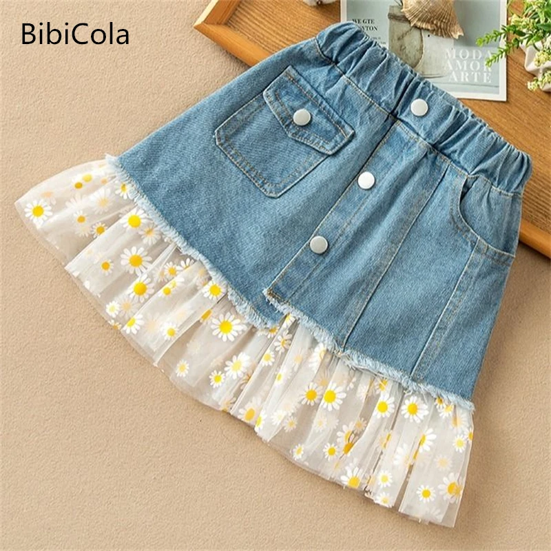 

Fashion girls denim skirt summer dress 2022 new children's skirt mesh skirt summer girl casual denim skirt