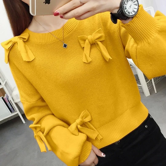 

Yellow Bow Women Girl Office Lady Pullover Girl Woman Sweater V Neck Knit Tops Tight Women's Sweaters Top Coat Cloth Suéter
