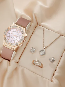 5PCS Set Fashion Women Watches Simple Ladies Business Leather Quartz Watch Womens Necklace Earrings Wristwatch 1