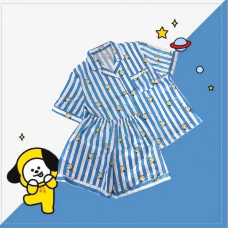 Фото Пижамы BTS с милым мультяшным принтом, домашняя одежда, летний новый изысканный комплект из футболки и шорт, подарок №2