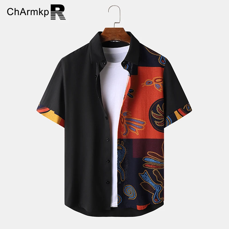 

ChArmkpR Mens Shirts Summer 2023 Short Sleeve Patchwork T Shirt Button Up Lapel Shirt Chemises Casual Camisas Men's Clothing