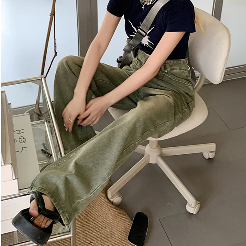 New Spring and Autumn High Waist Women's Jeans Small Green Straight Mop Trousers Loose Burrs Wide Leg