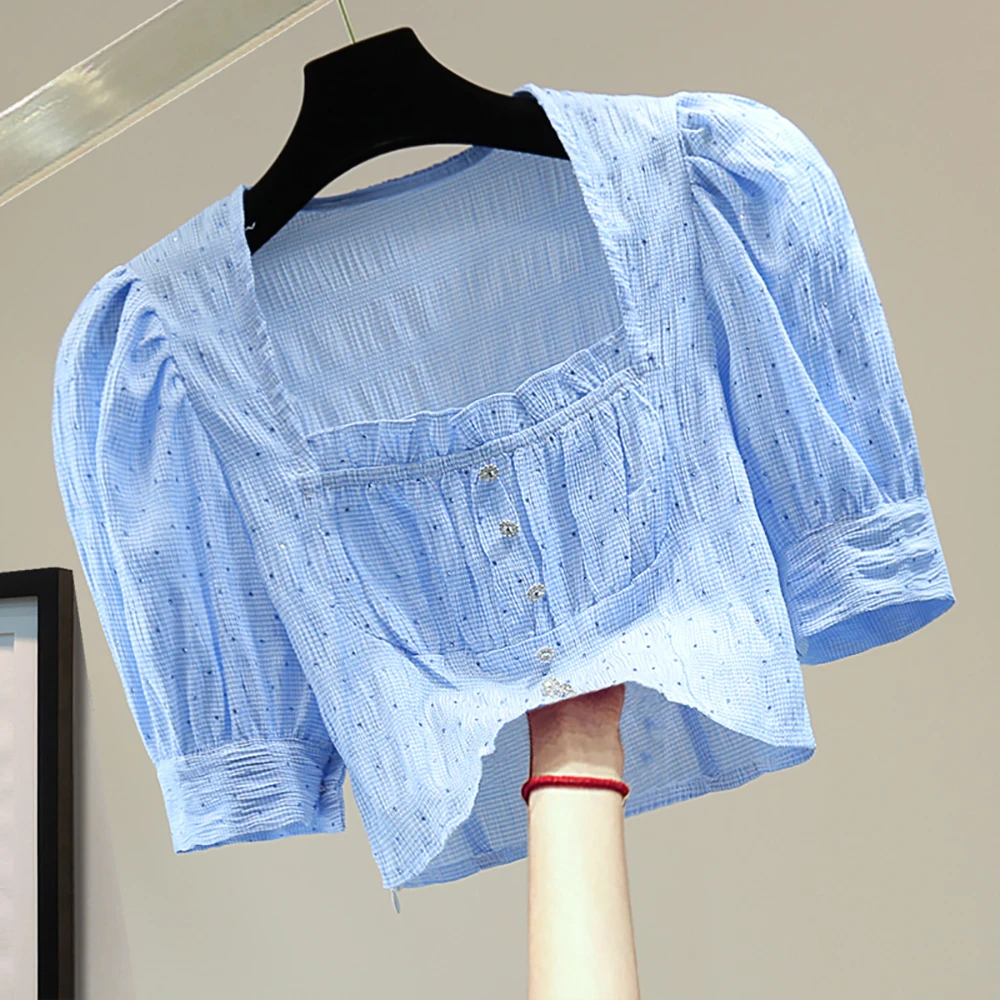 

Summer Elegant Vintage Folds Beading Short Shirts For Women Casual Fashion Dots Ruffles Short Puff Sleeve Blouses Slim Crop Top