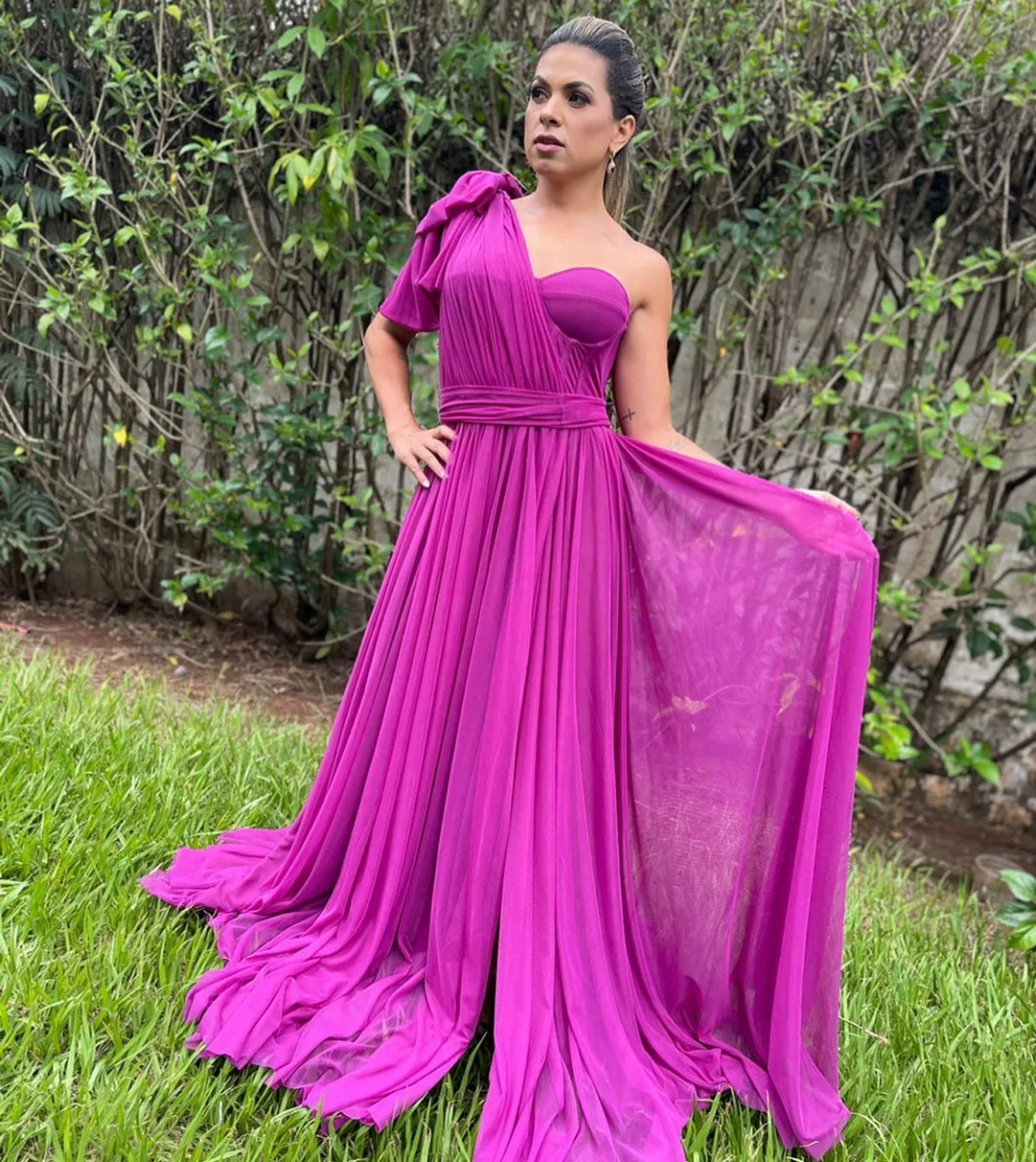 

POMUSE Elegant Long One Shoulder Chiffon Evening Desses With Bow A-Line Brazilian Pleated Sweep Train Prom Dresses for Women