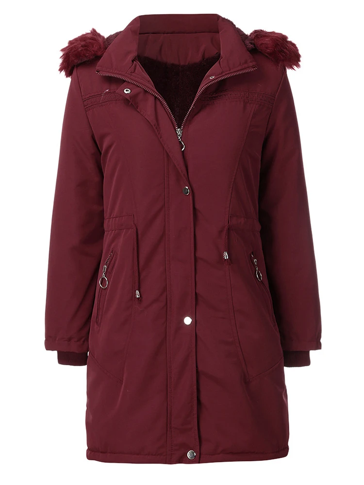 

Autumn Winter Medium Long Parka Fur Collar Hooded Detachable Long Sleeve Solid Color Drawstring Chic Warm Women Jacket Coat