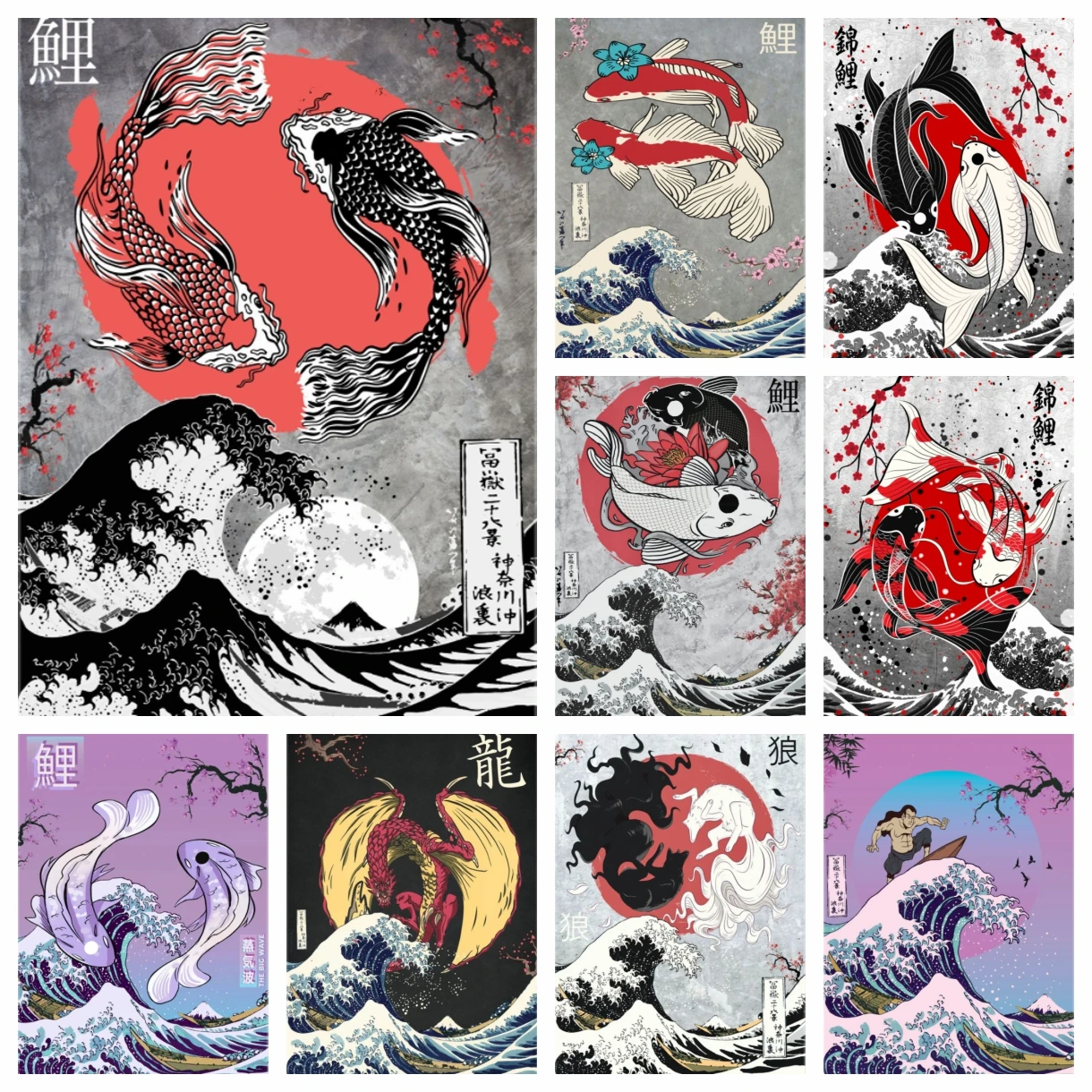 

5d Japan Yin Yang Koi Fish Diamond Painting Great Wave Off Kanagawa Scenery Embroidery Cross Stitch Handwork Gift Wall Decor