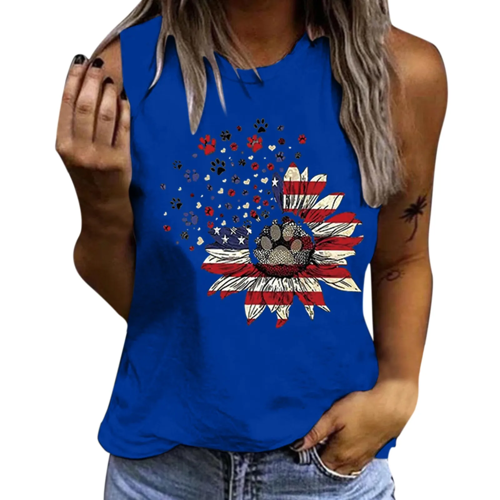 

Женская летняя футболка без рукавов, с цветочным принтом и круглым вырезом