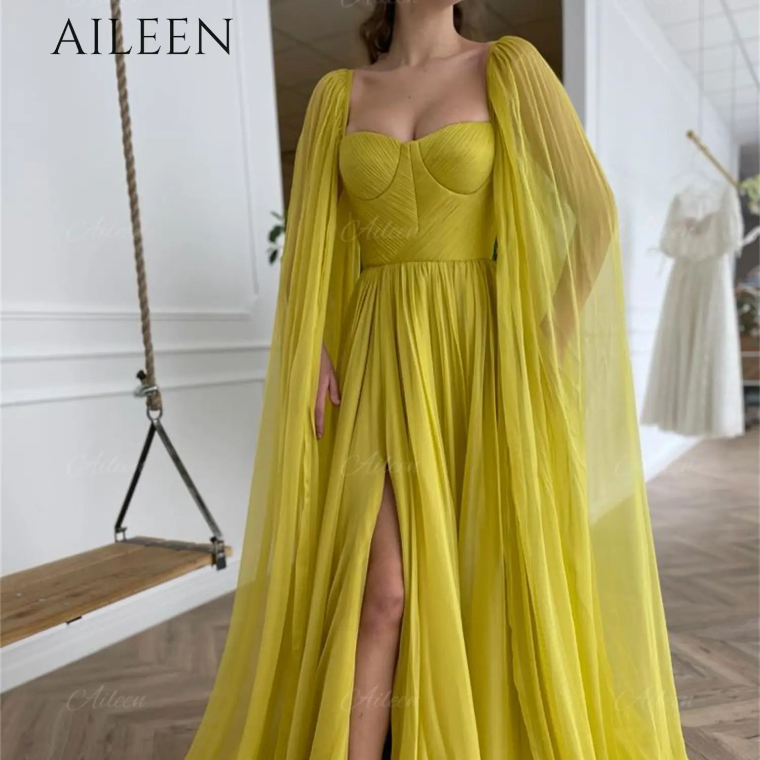 

Aileen Long Luxury Evening Dresses for Women 2022 Yellow Women's Evening Dress Long Sleeve Shawl Robe Chiffon Sweetheart Gothic