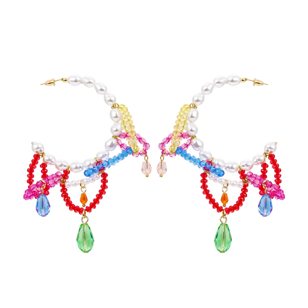 

LuxHoney Bohemian ZA Holiday Style C-Shape Faux A Pearl Strand Hoop Earring for Women with Colored Handmade Crystal Bead Tassel