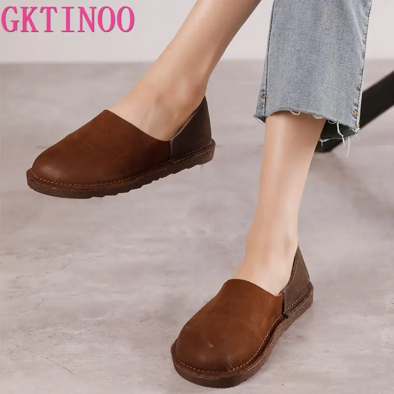 

GKTINOO Genuine Leather Flats Women Shoes 2022 New Spring Mixed Colors Round Toe Slip-on Shallow Casual Handmade Ladies Shoes