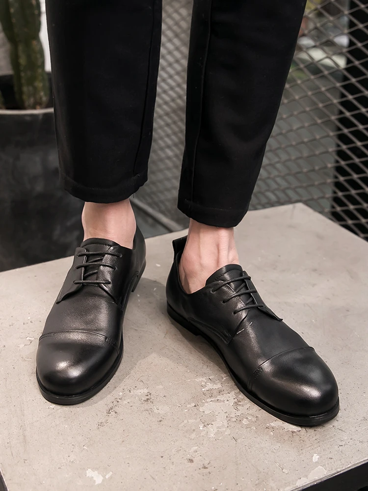 Flat Leather Shoes Men's Genuine Trendy British Three-Joint Lace-up Korean Sle round Toe Breathable Non-Slip Busine...