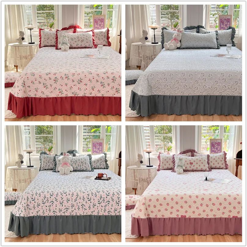 

Floral Style Bedspread for Queen Bed colchas Thicken Quilted Bed Cover Skirt Bedsheet Printed Home Blanket 280x245 No Pillowcase