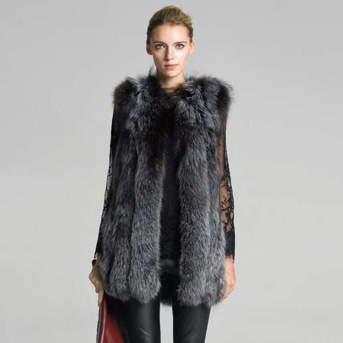 Women Natural Silver Real Fur Vest Fluffy Fox Fur Slim Coats Lady 75CM Genuine Leather Fur Gielts Jacket With Invisible Pockets