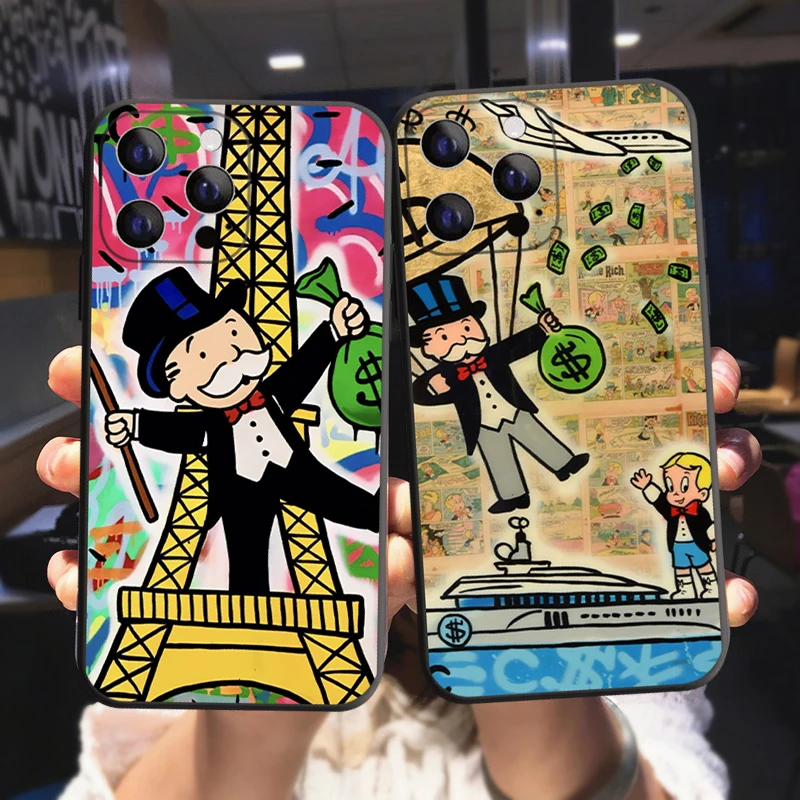 

Catoon Dollar Alec Monopoly Phone Case For iPhone 11 12 13 14 Pro Max X XR XSMAX X 8 7 Plus 13 Mini Black Soft Bumper Back Cover