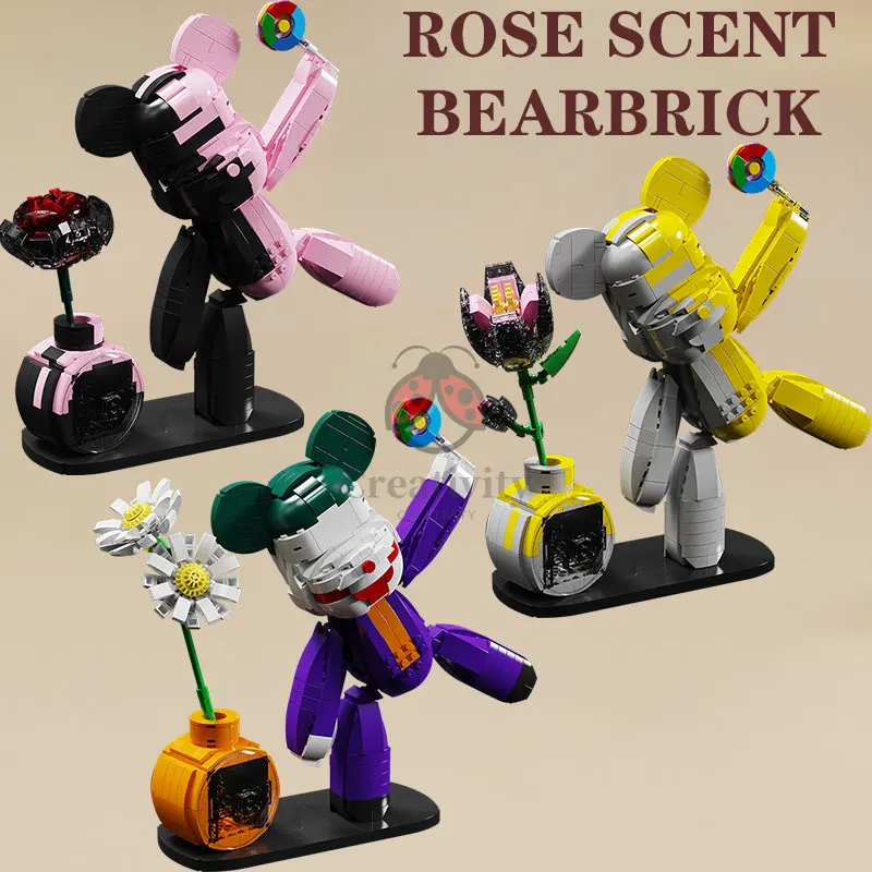 

BearBrick Eternal Flower Rose Straw Bear Scent Clown Bear Model Building Block Toys For Kids Christmas Gift