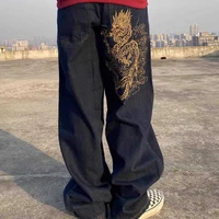 feiernan black blue jeans for men denim for floor length hip hop pants mid waist men jeans causal 2022 embroidery dragon fashion