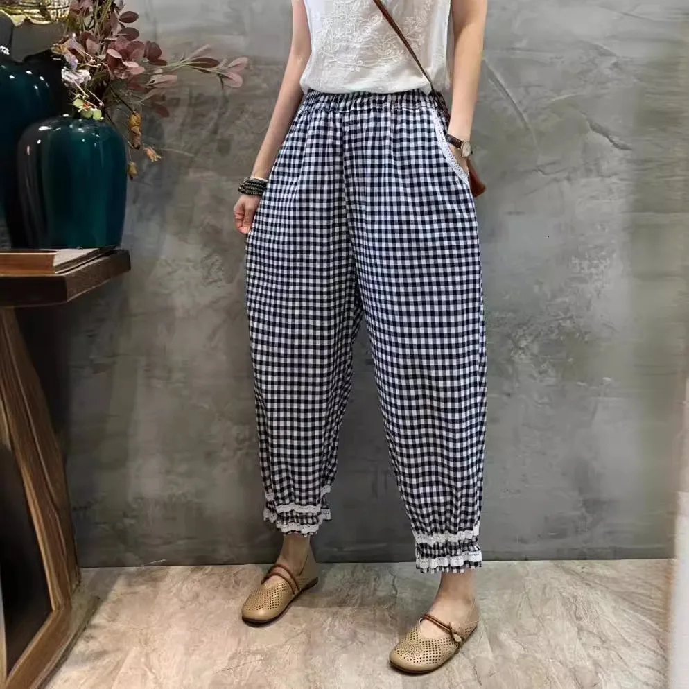 Летние хлопковые льняные шаровары в стиле ретро женские кружевные клетчатые
