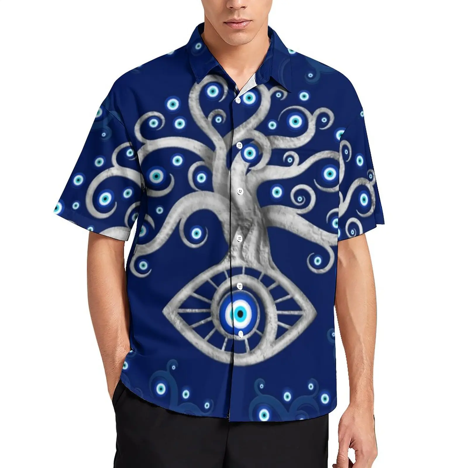Evil Eye Tree Casual Shirt Greek Amulet Print Vacation Loose Shirt Hawaiian Aesthetic Blouses Short Sleeve Graphic Oversize Tops