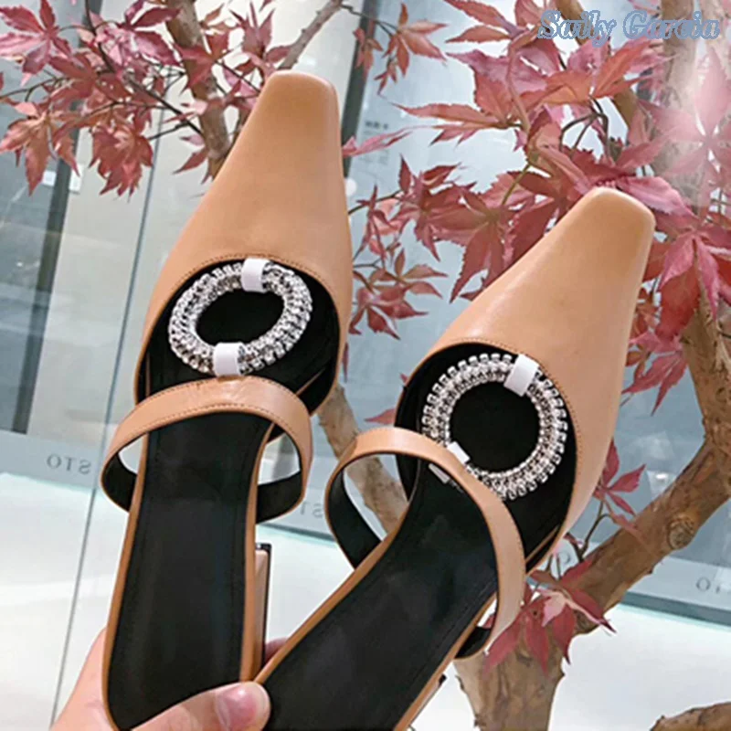 2022 Bling Hollow Ring Decorated Slippers Chunky Heel Autumn Modern Solid New Arrival Fashion Party Shoes