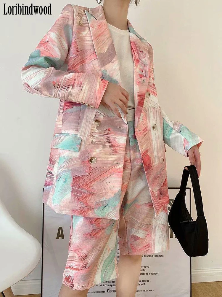 

Suit 2023 Spring New Women's Long-sleeved Double-breasted Coat with Straight Loose Five-quarter Pants Personality 2-piece Set