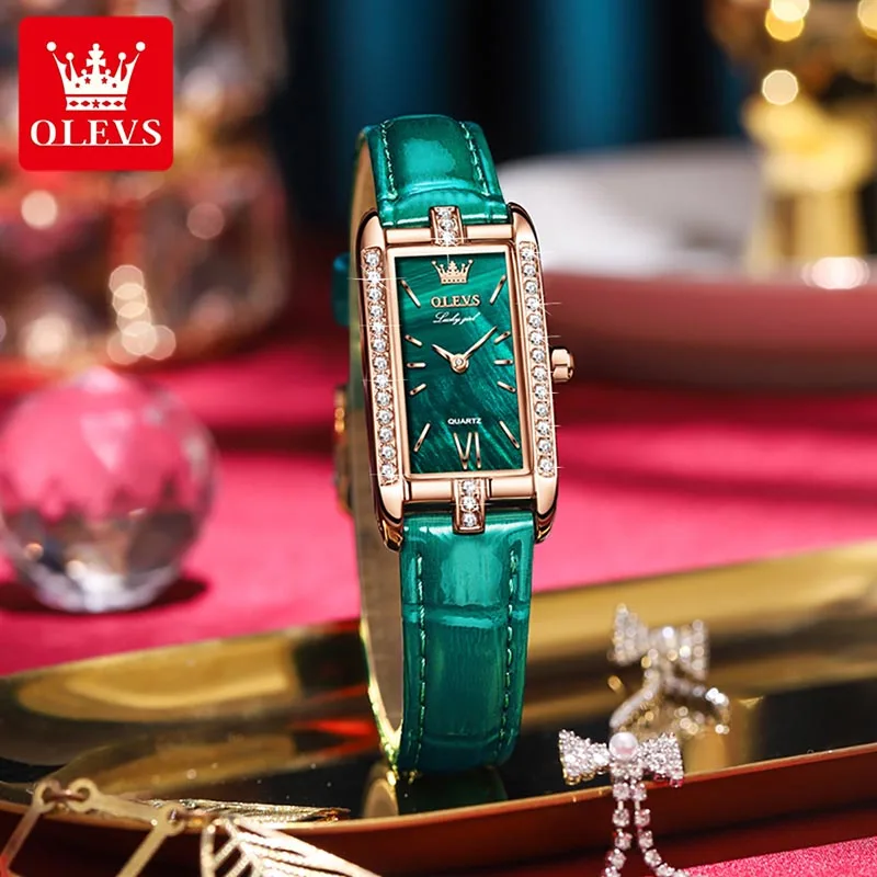 OLEVS 2023 New High Quality Classic Vintage Women Belt Quartz Square Green Quartz Watch Luxury Womens Watches Waterproof 6623