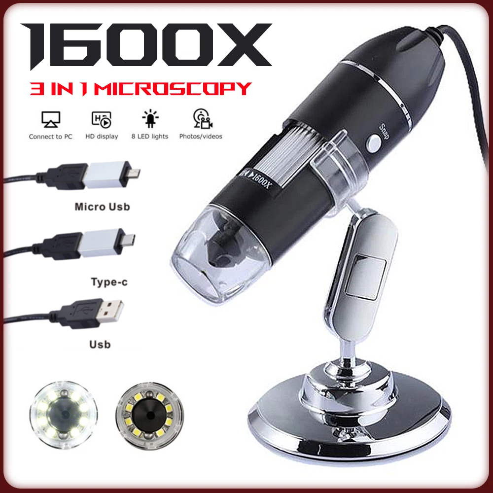 

Цифровой микроскоп 1600X 3 в 1, портативный электронный микроскоп с USB, камера для пайки, увеличительное стекло с 8 светодиодами для ремонта моби...
