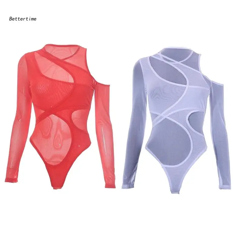 

B36D женское Сетчатое боди с вырезами, асимметричное трико с длинным рукавом и круглым вырезом, топы, комбинезоны