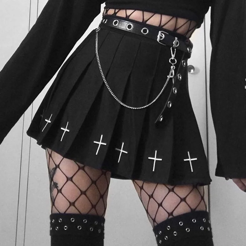 

FICHOR Summer Pleated Women Streetwear Wild Black Skirts Gothic A-line Embroidery Sexy Elastic Waist All-match Mini Skirt