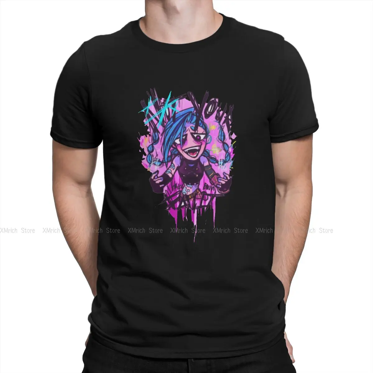 

Arcane League of Legends Animated Men's TShirt Jinx Draw Distinctive T Shirt Harajuku Streetwear New Trend