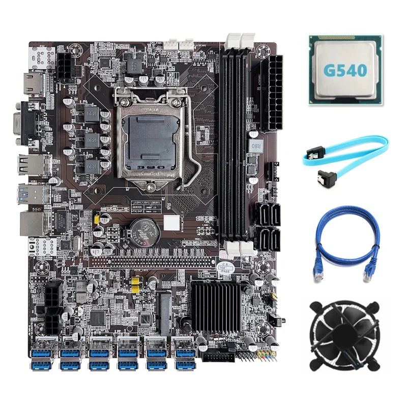 

Материнская плата B75 ETH для майнинга, материнская плата 12 PCIE на USB LGA1155 с процессором G540 + кабель SATA + сетевой кабель RJ45 + вентилятор охлаждения