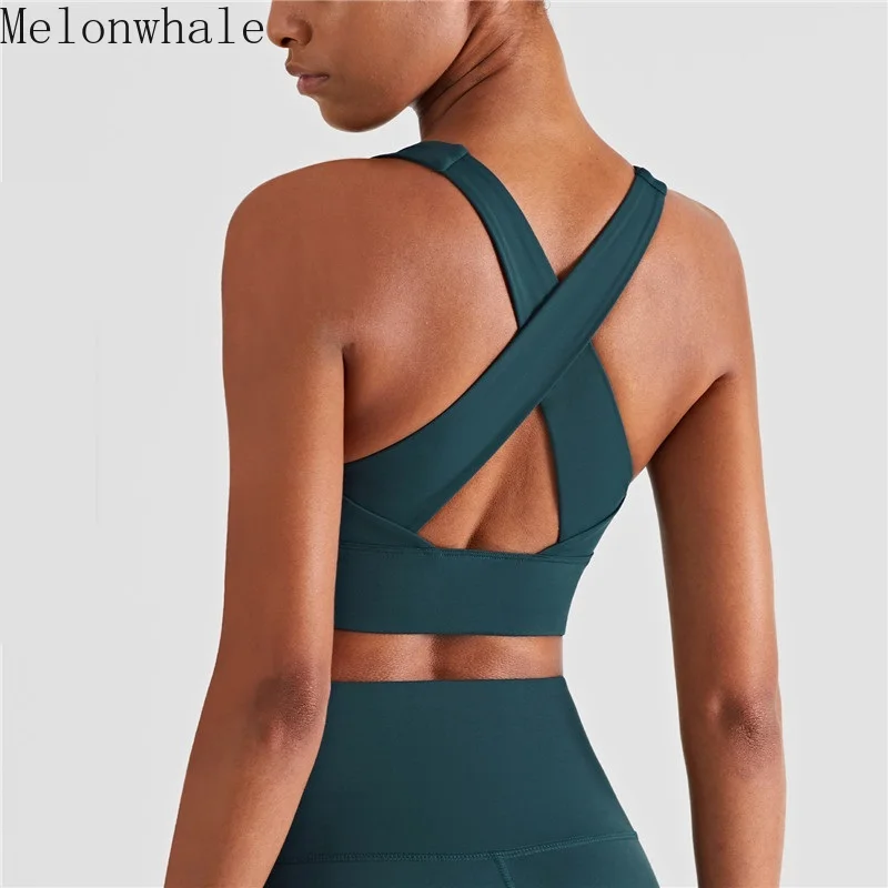 

Melonwhale 2022 Four Seasons New Cross Shoulder Strap Halter High Strength Sports Underwear High-end Training Fitness Bra GA072