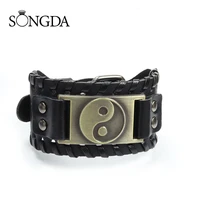 new trendy yin yang taichi bracelet mens fashion metal black leather woven accessories bangle women retro punk bracelet jewelry