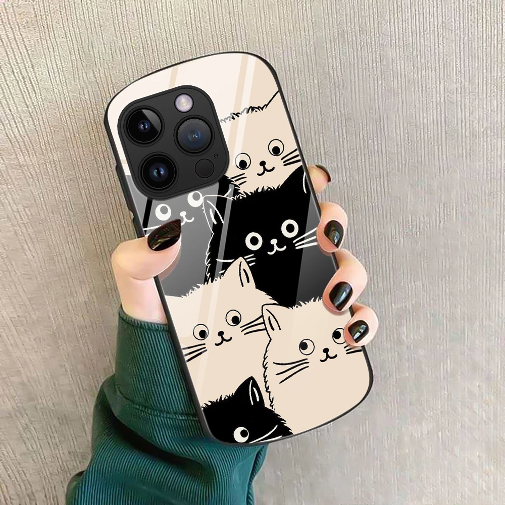 Cute Pet Cat Phone Case For iPhone 14 Plus 11Pro Cartoon Cases For iPhone 13 Mini 12 Pro Max X Oval Tempered Glass Cover Carcasa