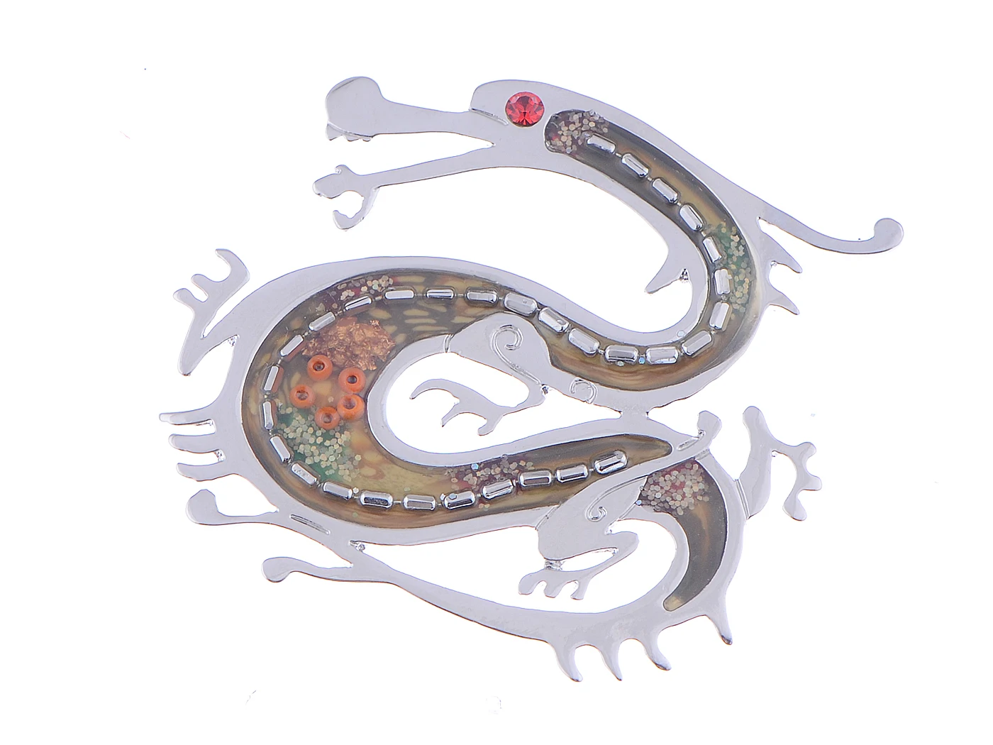 

Antique Silvery Tone Glitter Multicolor Beaded Enamel Dragon Brooch Pin