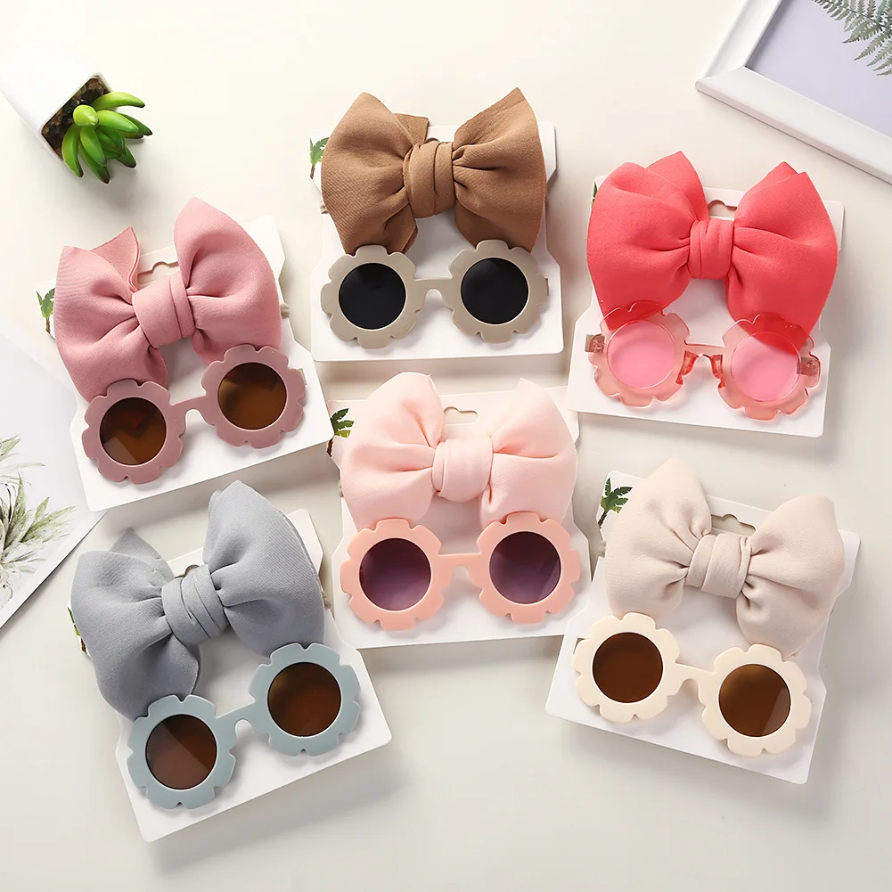 

2Pcs/Set Puff Bow Baby Headband Sunglasses Flower UV400 Sun Glasses Elastic Nylon Hairbands Seaside Headdress