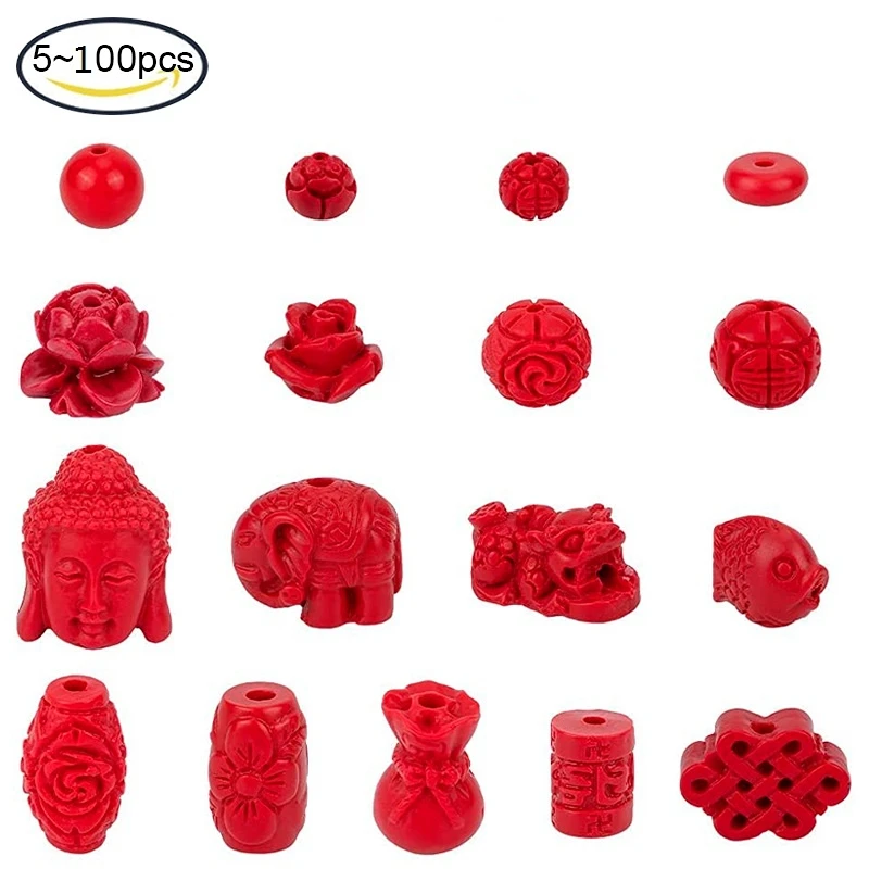 

10 - 100 шт. разнообразные бусины Cinnabar, огненный кирпич, круглый или Рондель, слон, цветок, бутон, Будда, китайский узел Pi Xiu, свободная бусина