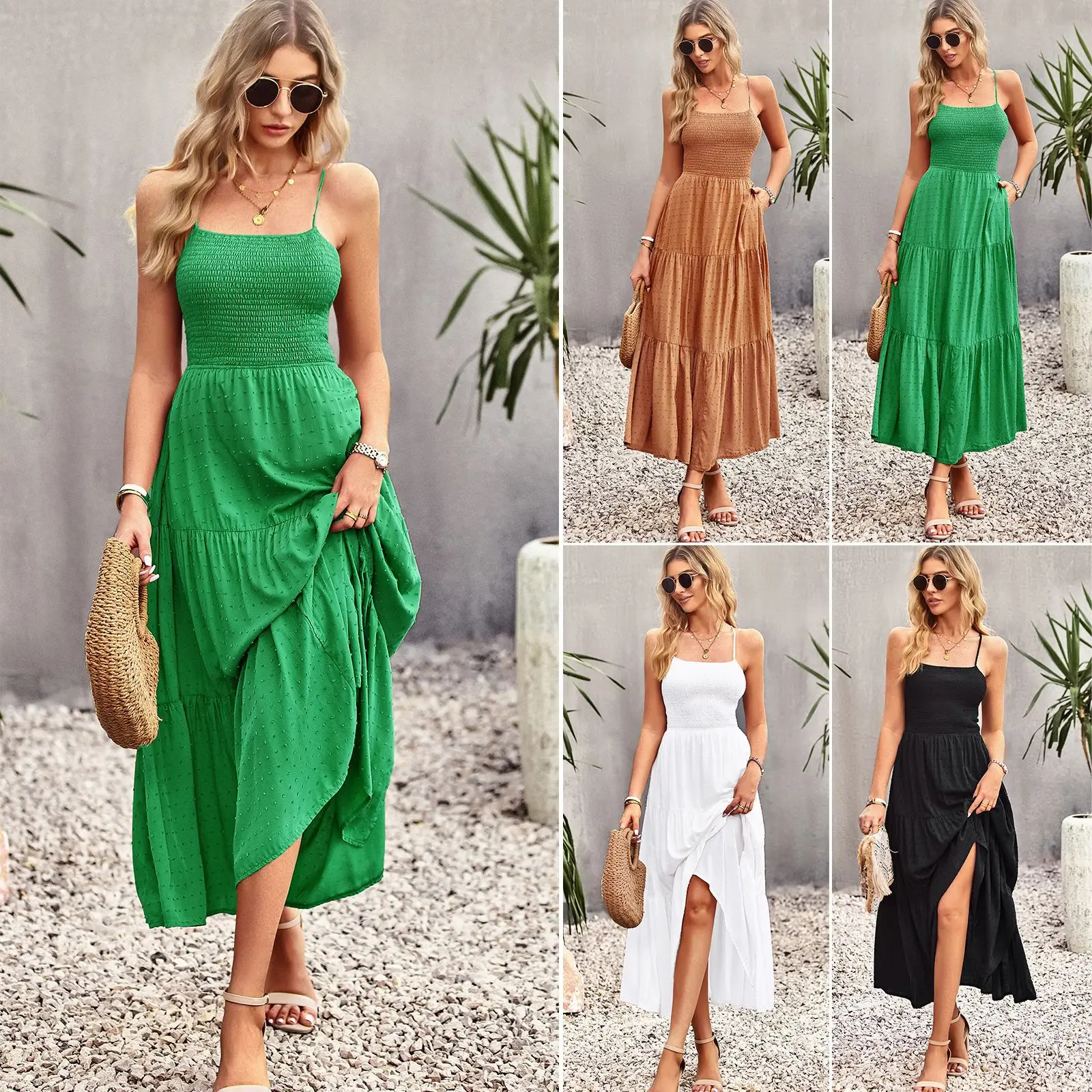 

Women Dresses Summer Fashion Sexy Camisole Backless Pure Color Elastic Waist Patchwork Elegant Temperament Casual Robe Dresss